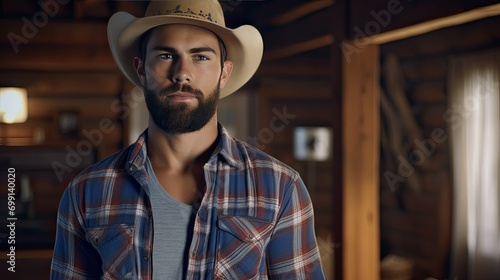 Young unshaven man wearing a cowboy hat and plaid shirt in a room with wooden walls in the interior of a rustic farm or ranch house. photo