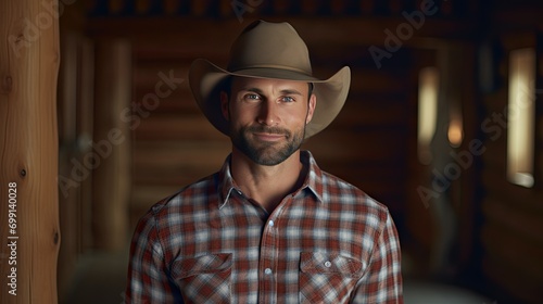 Young unshaven man wearing a cowboy hat and plaid shirt in a room with wooden walls in the interior of a rustic farm or ranch house.