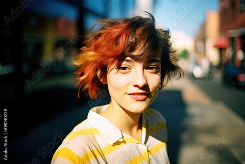 Young informal young woman with a bright stylish short hairstyle on a city street. Close-up portrait of a pretty punk girl