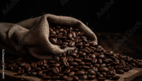 Dark coffee bean drink, close up Caffeine, burlap, freshness, seed, agriculture generated by AI