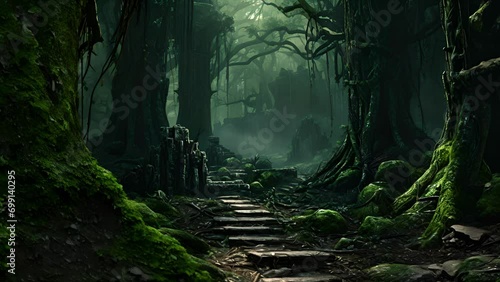 A forbidding forest full of ancient secrets and dark magic casting a chill to the bones of those who enter. photo