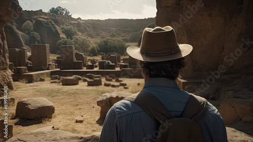 A male archaeologist stands in front of the excavations of an ancient civilization in the desert. A traveler adventurer has found a secret lost city.