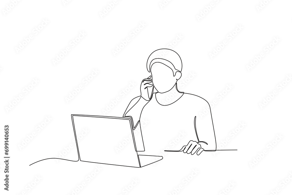 Single continuous line drawing of Man receiving phone call while working from home. Remote work from home. Online education, studying student. One line draw graphic design vector illustration
Single continuous line drawing of Man receiving phone call while working from home. Remote work from home. Online education, studying student. One line draw graphic design vector illustration