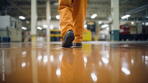 Close-up of a worker wearing boots standing on a new epoxy resin floor in a large, brightly lit room after renovation. photo