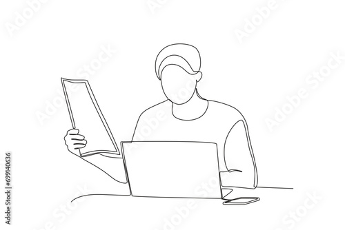 Single continuous line drawing of Man holding files while working from home. Remote work from home. Online education, studying student. One line draw graphic design vector illustration

