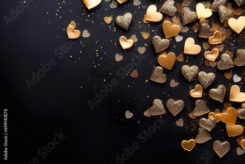 golden and black hearts with golden glitter on black ground with space for text, valentines day background