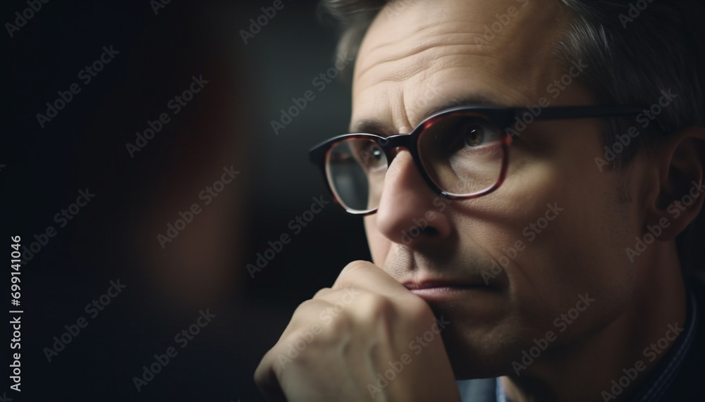 One serious caucasian man in eyeglasses looking away with sadness generated by AI One serious caucasian man in eyeglasses looking away with sadness generated by AI