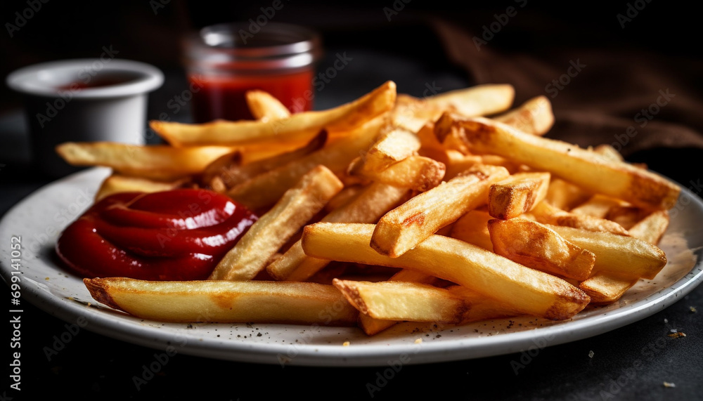 Close up of a plate with fresh, gourmet French fries and meat generated by AI Close up of a plate with fresh, gourmet French fries and meat generated by AI