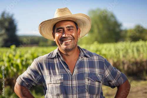 Farmer, male, 45 years old, Hispanic, against the backdrop of his farm, smiling with pride for his land