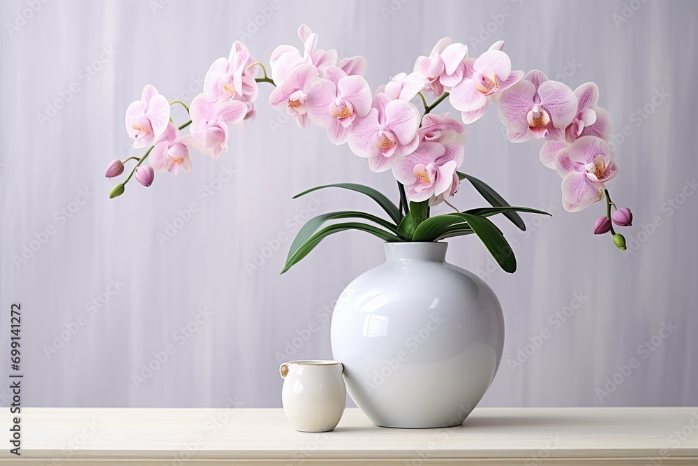 very beautiful pink orchid flowers in a vase on the table, white background very beautiful pink orchid flowers in a vase on the table, white background