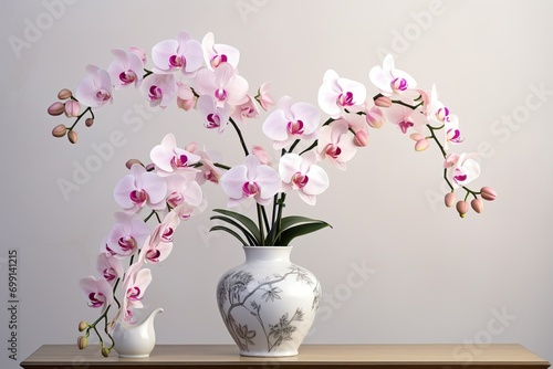 very beautiful pink orchid flowers in a vase on the table, white background