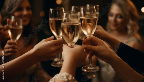 Young adults enjoying a celebratory toast at a glamorous nightclub generated by AI