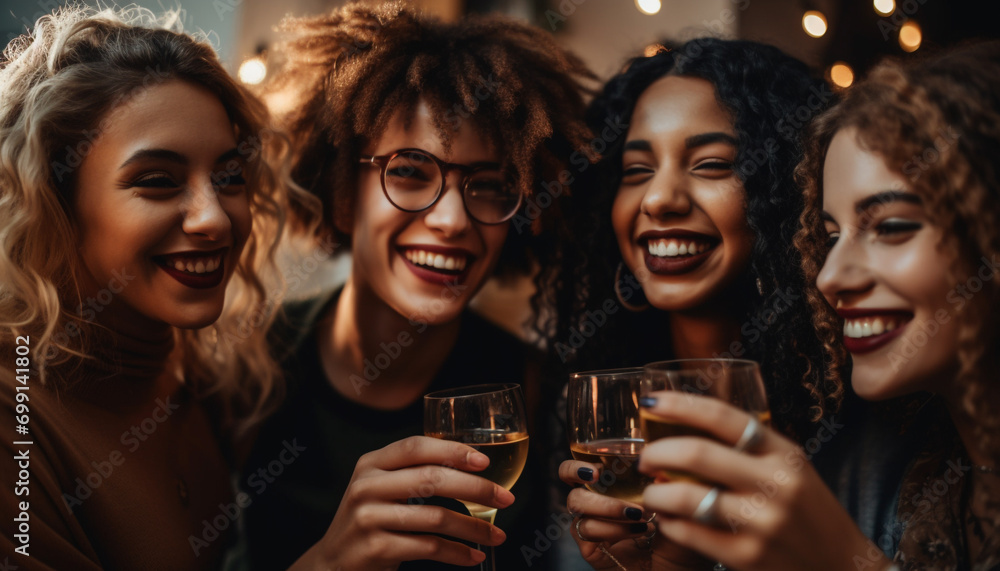 Smiling women enjoy party, drink, and celebrate in nightclub generated by AI
