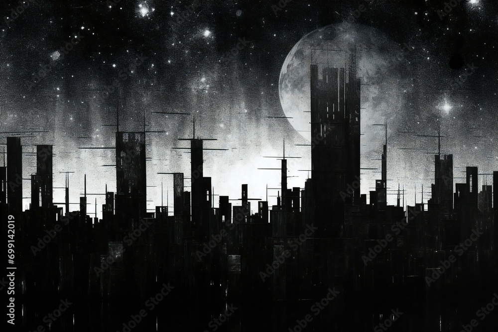 Abstract city at night with full moon and stars
