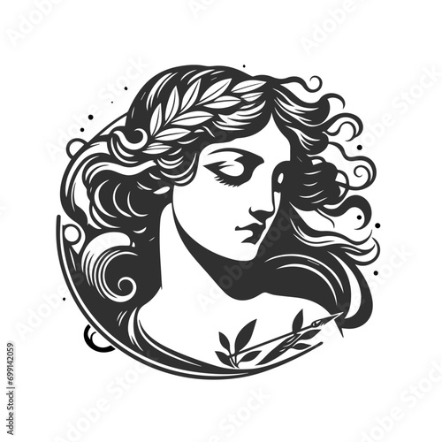 Goddess Aphrodite illustration. Goddess Venus illustration. Simple Aphrodite black and white illustration. Roman goddess Venus. Greek Goddess Aphrodite. Greek mythology. Roman mythology photo
