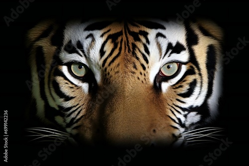 Close-up of a tiger looking through a window with black background