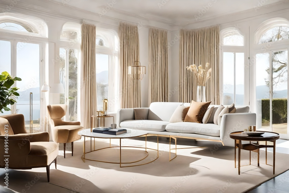 Fototapeta premium contemporary living room exuding timeless elegance. Picture a space flooded with natural light, featuring a plush armchair positioned against an empty white wall, a symbol of both simplicity and sophi