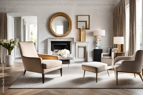 contemporary living room exuding timeless elegance. Picture a space flooded with natural light  featuring a plush armchair positioned against an empty white wall  a symbol of both simplicity and sophi