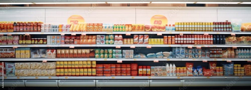shelves with products in a grocery supermarket