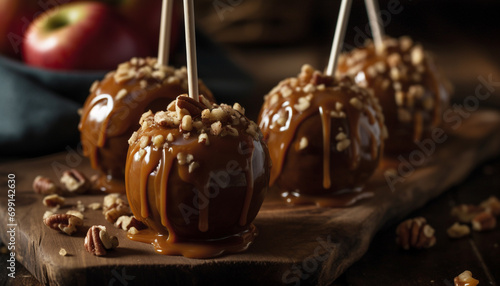 Homemade gourmet dessert chocolate dipped caramel apple with crunchy pecan generated by AI