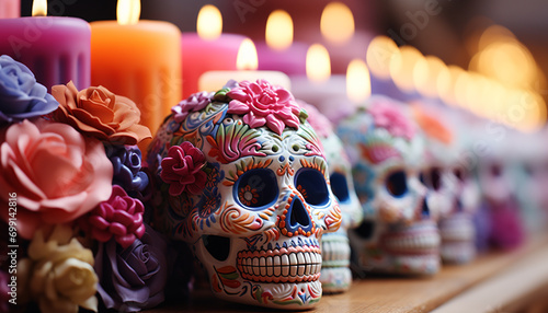 Day of the Dead celebration colorful skulls, candles, and flowers generated by AI