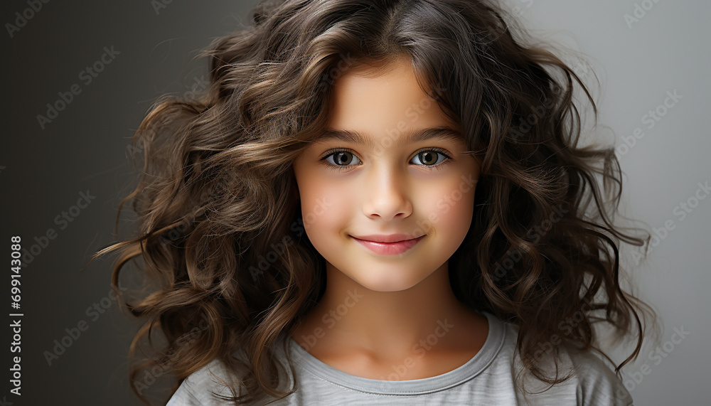 Cute girl with curly hair smiling, looking at camera confidently generated by AI Cute girl with curly hair smiling, looking at camera confidently generated by AI