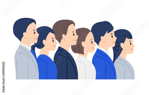 右を見上げて並ぶビジネスパーソン男女のセット【人物ベクターイラスト素材】