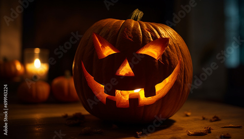 Spooky Halloween night, glowing pumpkin lantern, evil smiling ghost generated by AI