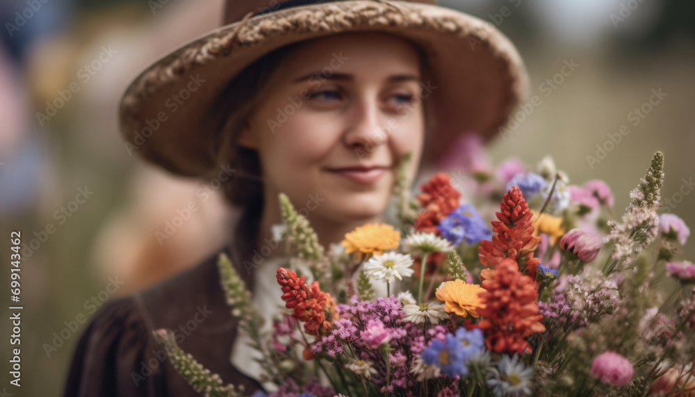 Smiling women outdoors, nature beauty, happiness in one person generated by AI