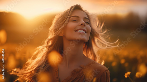 A beautiful woman in a sunlit field at sunset © didiksaputra