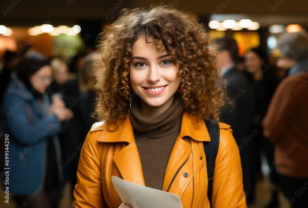 Smiling young woman in vibrant yellow leather jacket holding a paper Smiling young woman in vibrant yellow leather jacket holding a paper