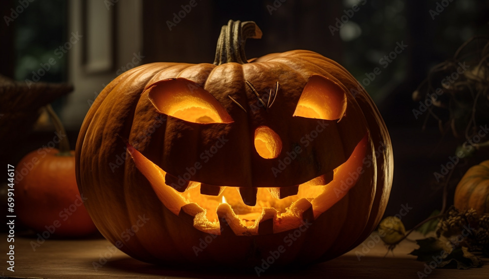 Fototapeta premium Smiling pumpkin lantern glows in the dark Halloween night celebration generated by AI