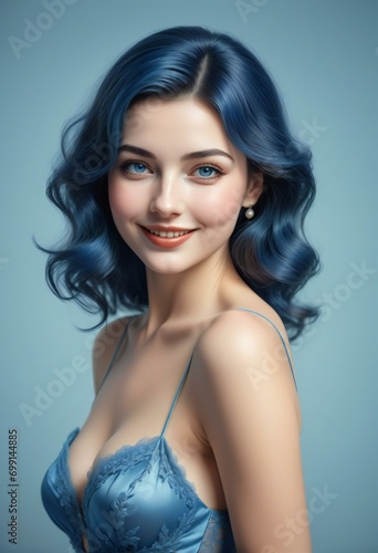 Portrait of beautiful young woman with blue hair and professional makeup