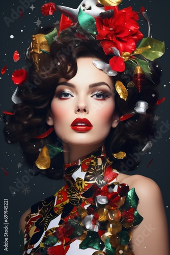 Portrait of beautiful young woman with bright makeup and Christmas decoration
