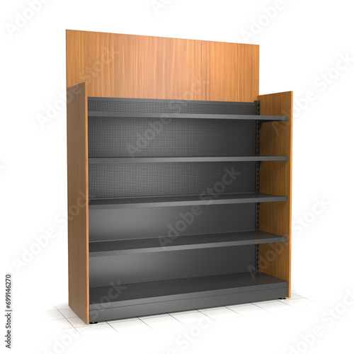 Empty wooden display case with shelves. 3d illustration isolated on white