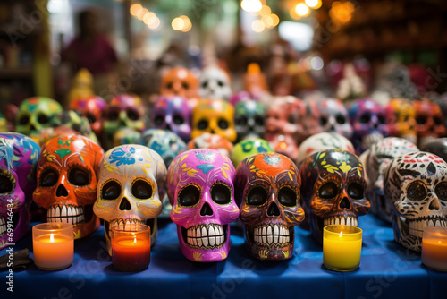 Colorful skulls decoration for day of the dead on counter. Generative AI photo