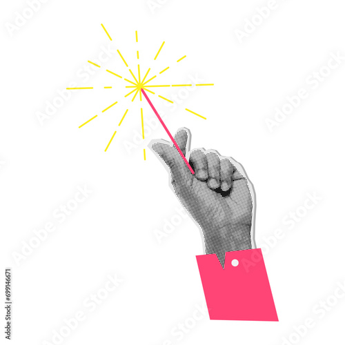 90s vintage New year hand holding sparkler. Torn out paper Collage style. Retro style party. Vector illustration for poster or greeting card