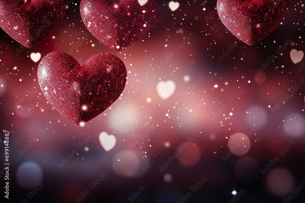 red and pink hearts with glitter and bokeh and space for text, vaelentines day backgound
