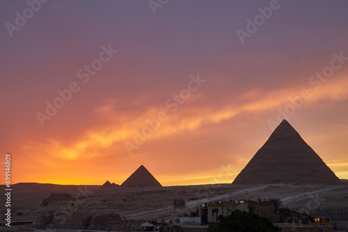 View of the Giza Pyramids during dramatic Sunset