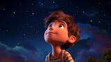 Hand drawn cartoon illustration of a boy looking at the stars under the beautiful starry sky
