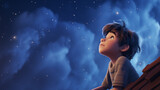 Hand drawn cartoon illustration of a boy looking at the stars under the beautiful starry sky
