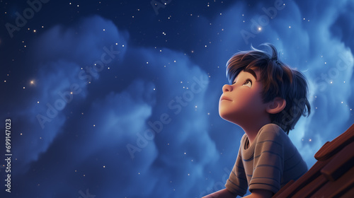 Hand drawn cartoon illustration of a boy looking at the stars under the beautiful starry sky
