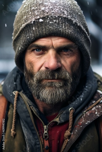 Portrait of an old man with a gray beard and mustache on a cold winter day in the snow