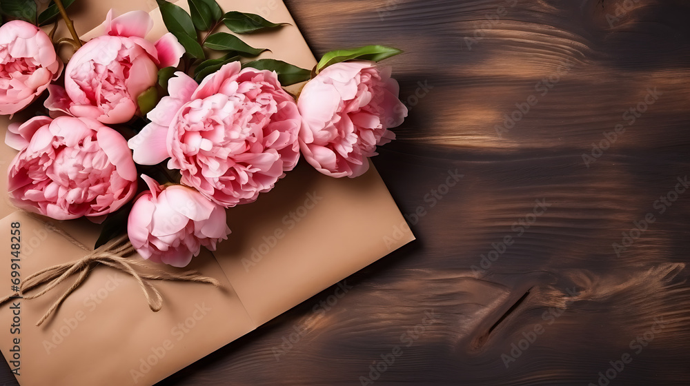 Obraz premium Three fade pink peonies lay in open brown kraft envelope containing. Symbol of unhappy love in the form of a broken heart. Failed marriage proposal. Generative Ai