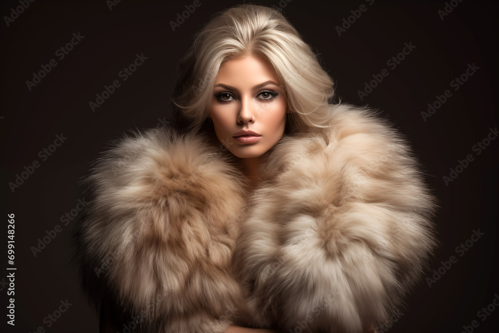 Woman wearing fur coat looking at camera. Generative AI Woman wearing fur coat looking at camera. Generative AI