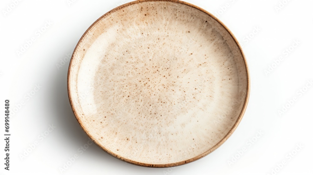 empty ceramic round plate isolated on white background, copy space, 16:9