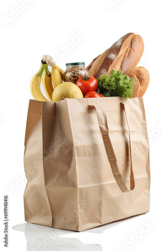 Paper bag with vegetables and bottle of juice on transparent background