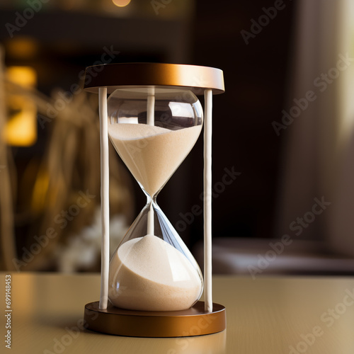 Hourglass with white sand on blurred background. Generative AI