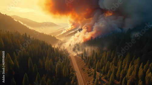 A forest consumed by wildfire, capturing the tumultuous scene with burning trees and billowing smoke photo
