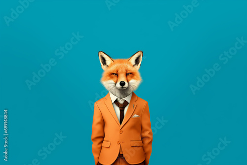a fox in an orange business suit, portrait of a fox in a business business suit, cunning fox businessman, manager fox, generative ai